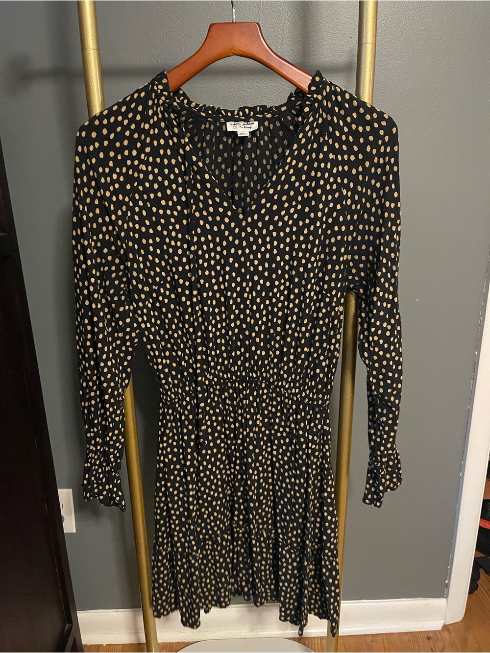 Fashion Jackson x The Drop Black and Tan Polka Dot Long-Sleeve Dress